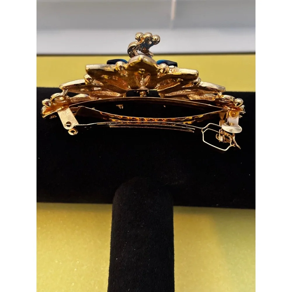 Jerrinnie Blue Peacock Enamel Rhinestone Hair Barrette Gold Tone Dangle Clip